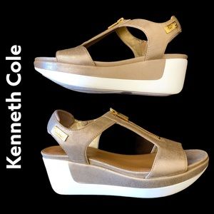 Kenneth Cole T-Strap Gold & White Wedge Sandal
